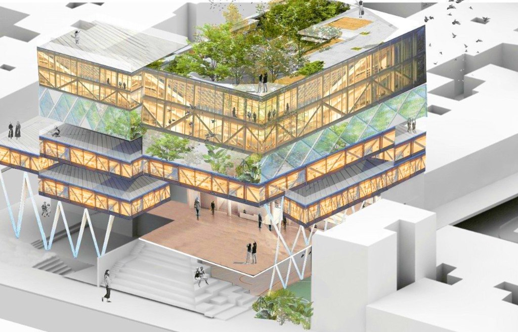 render de edificio sostenible con terrazas ajardinadas y espacios abiertos