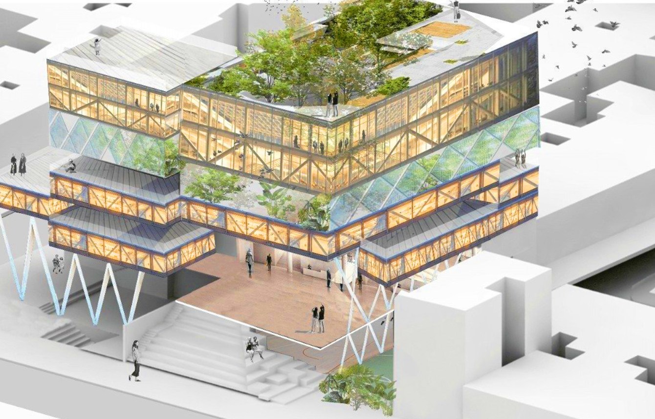 diseño arquitectónico moderno sostenible con áreas verdes render de edificio sostenible con terrazas ajardinadas y espacios abiertos