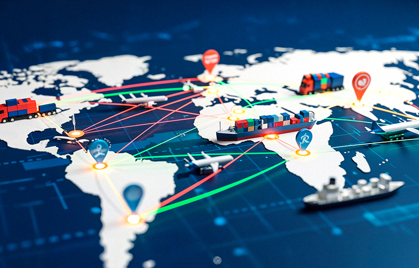 mapa global con rutas de transporte marítimo, aéreo y terrestre para comercio internacional