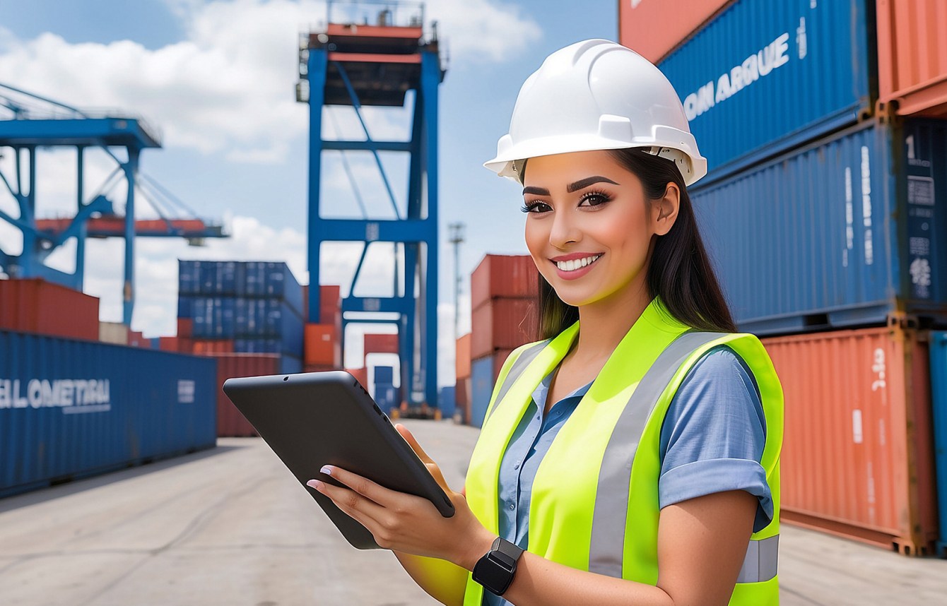 auxiliar supervisando operaciones logísticas en un puerto con una tablet