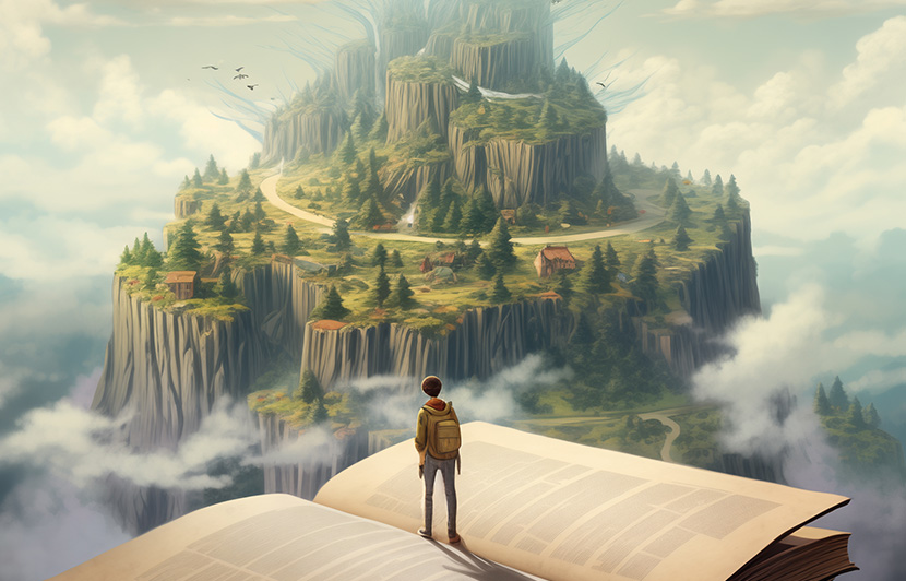 ilustración conceptual de historia y conocimiento con libro abierto y paisaje montañoso