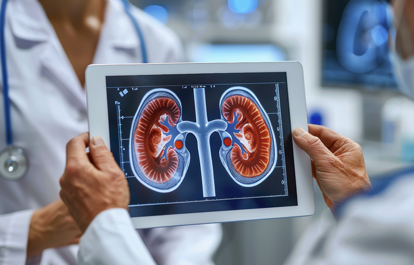 imagen diagnóstica de riñones mostrada en tablet durante evaluación médica