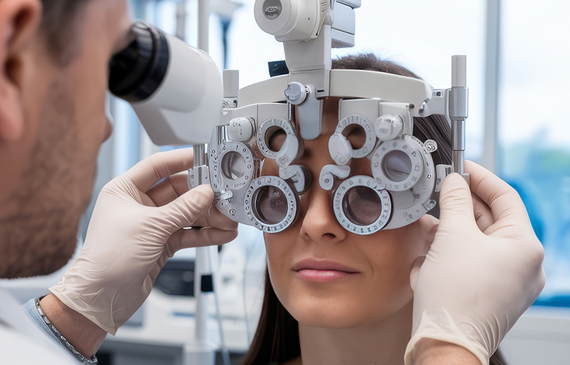 evaluación de la visión mediante prueba de refracción en consulta médica