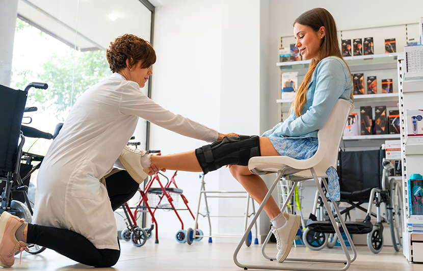 paciente y doctora en sesión de rehabilitación física con ortesis de rodilla