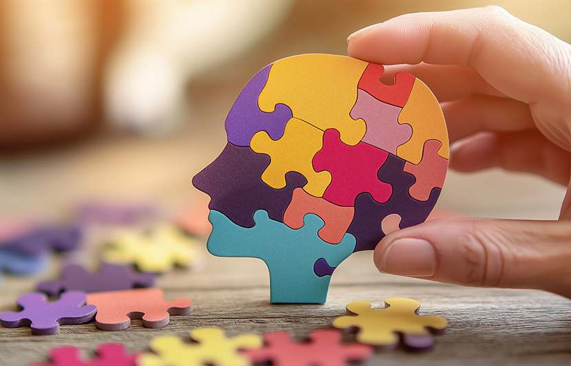 representación de salud mental con figura de cabeza hecha de piezas de rompecabezas