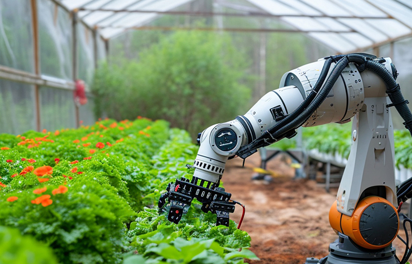 brazo robótico automatizado realizando labores de cultivo en un invernadero agrícola