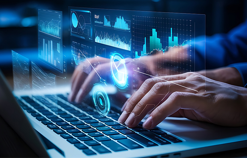 vista de métricas, gráficos y dashboards digitales en computador portátil