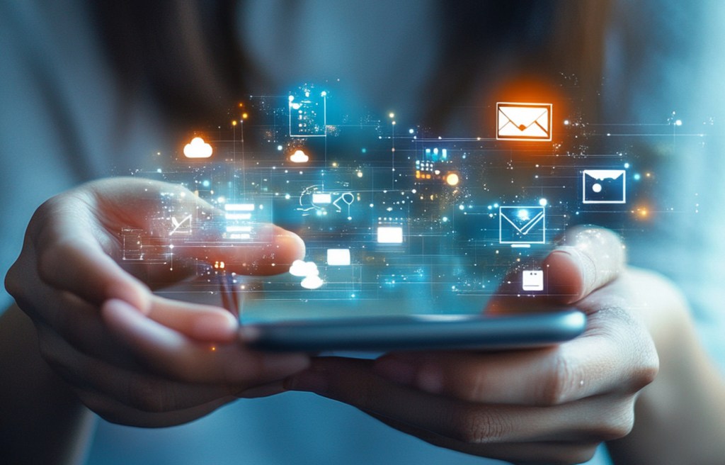 uso de smartphone con iconos digitales de correo electrónico y comunicación en la nube