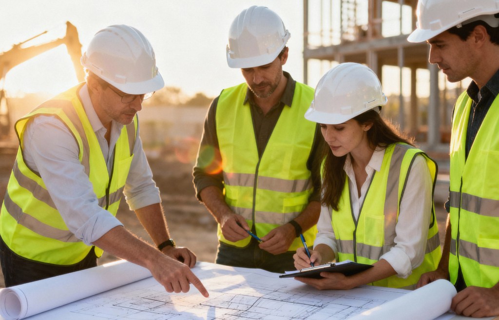 profesionales de ingeniería analizando planos técnicos en obras civiles