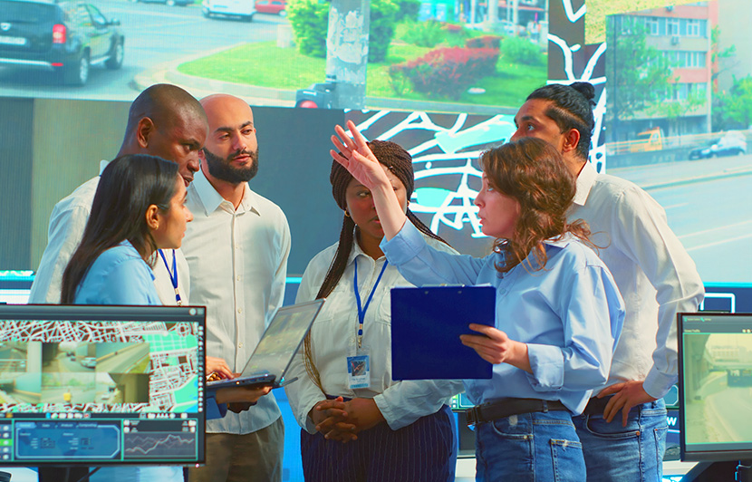 profesionales coordinando estrategias de sostenibilidad con apoyo de información digital