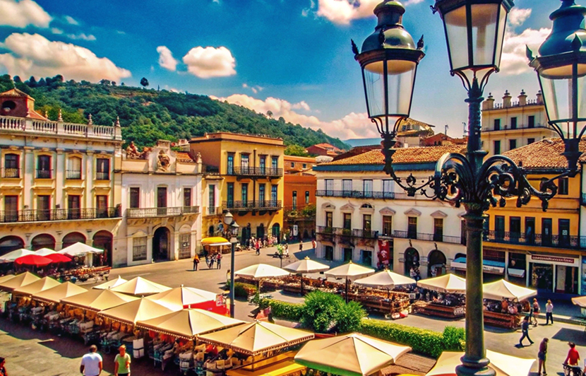 plaza de territorio rural con edificios históricos y puestos de venta