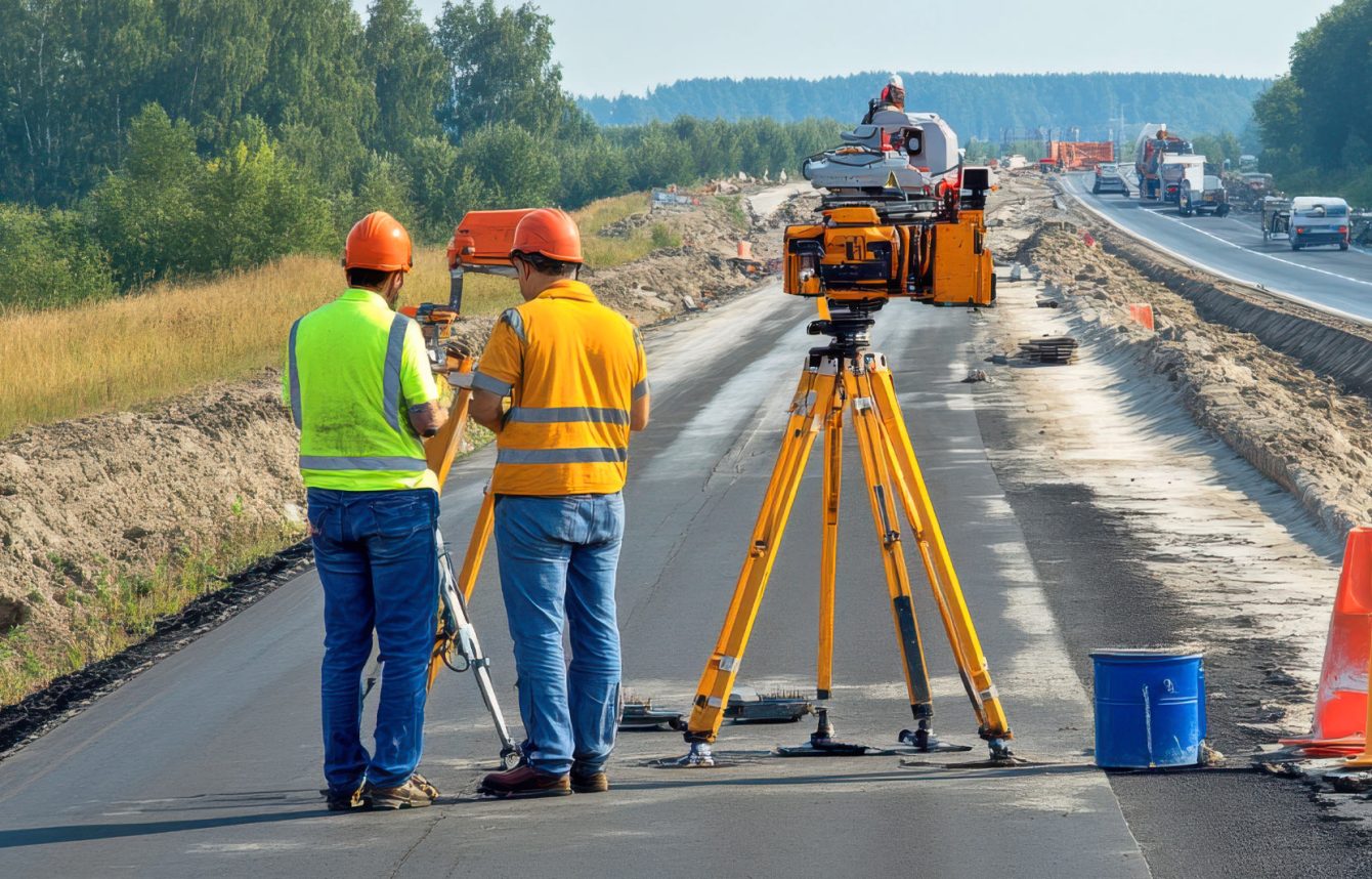 especialización en vías terrestres para el diseño, construcción y control de obras ingenieros realizando mediciones topográficas en construcción de carretera
