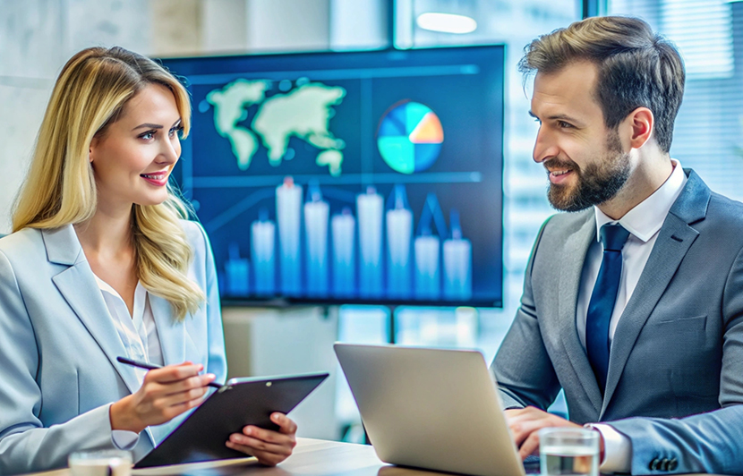 sesión de trabajo con análisis de datos, gráficos y mapas de rendimiento empresarial