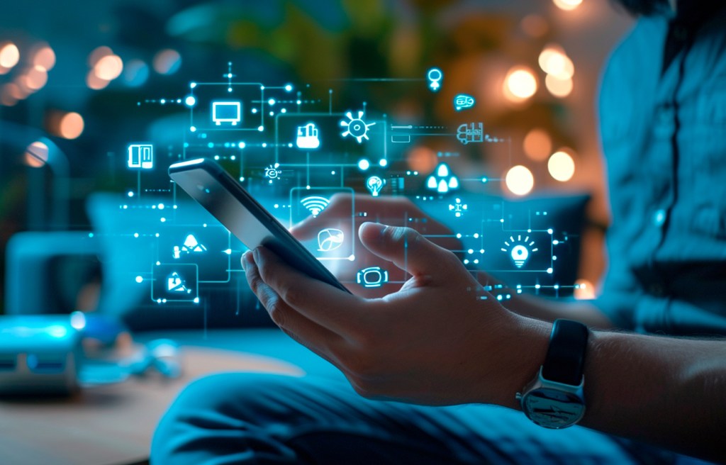 mano sosteniendo smartphone con interfaz tecnológica e iconos holográficos