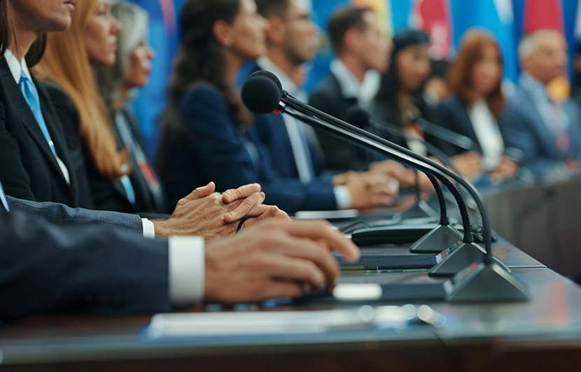 expertos en estudios políticos participan en conferencia internacional con micrófono