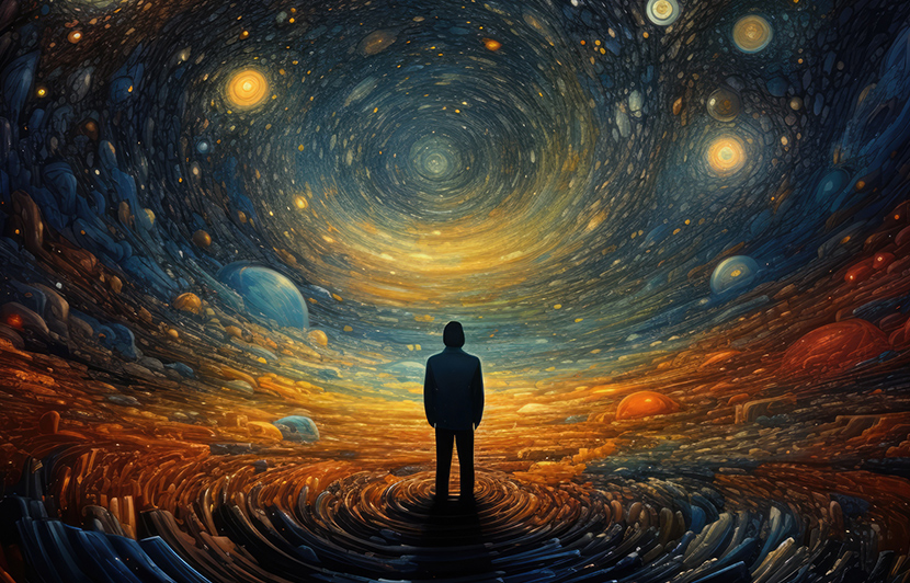 figura humana contemplando el cosmos en reflexión filosófica