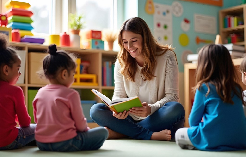 docente en actividad de lectura a varias niñas dentro de aula infantil