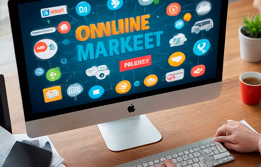 monitor con diseño de campaña de marketing online y varios iconos interactivos