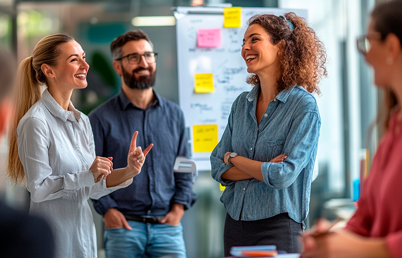 sesión de trabajo en equipo con tablero de planificación y notas de colores