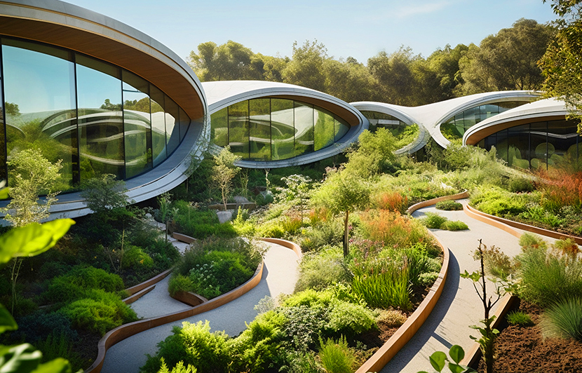 edificio moderno con diseño curvo rodeado de jardines verdes y senderos