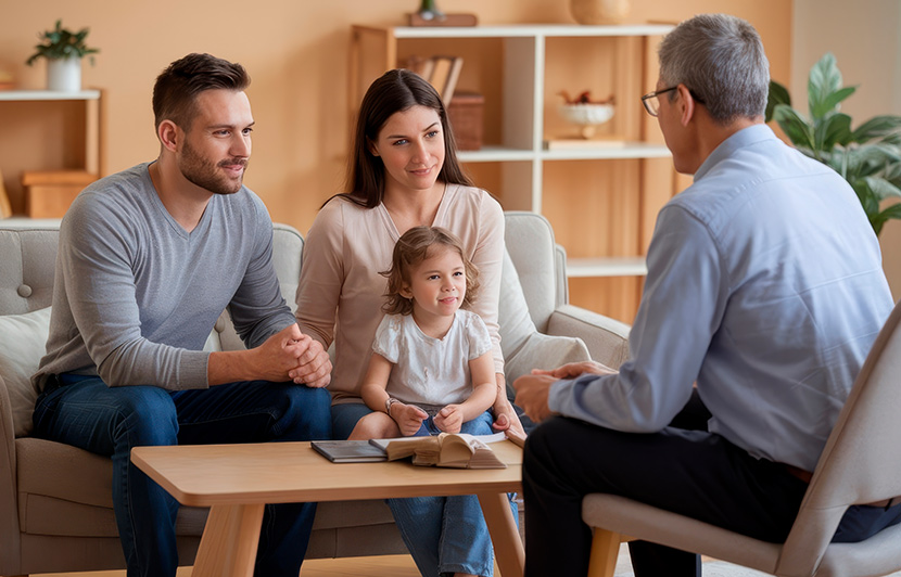 familia reunida en una sesión de orientación con un profesional