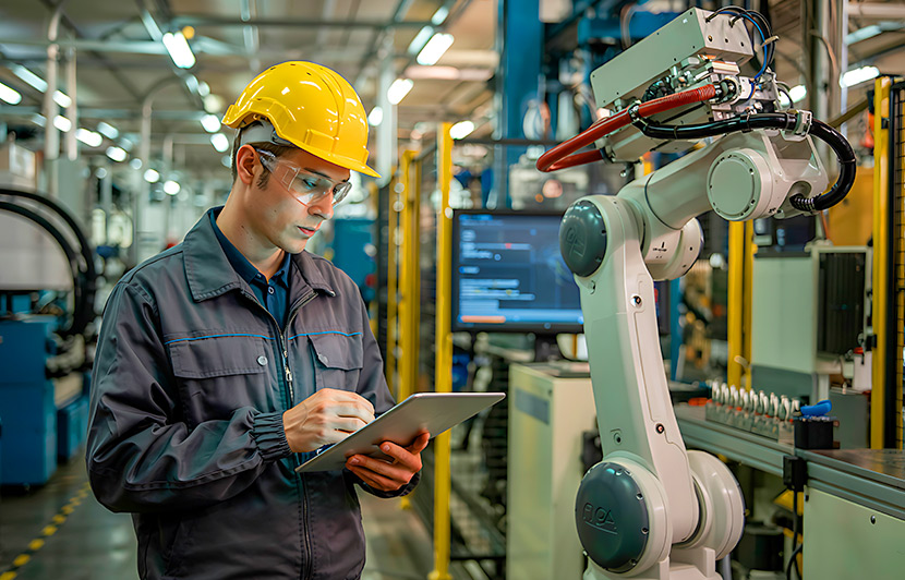 técnico supervisando un robot industrial mientras registra información tablet
