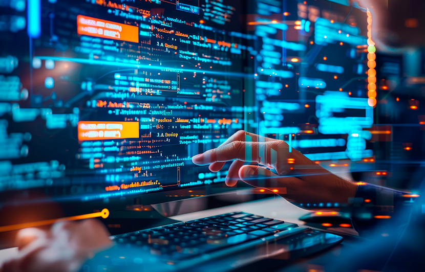 mano interactuando con interfaz de programación en un monitor con datos