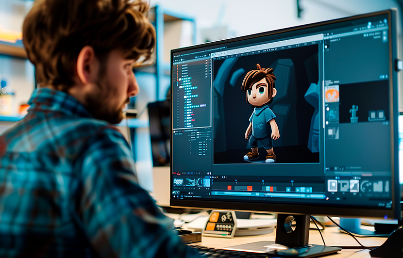 artista digital trabajando en el diseño de un personaje 3D usando computadora