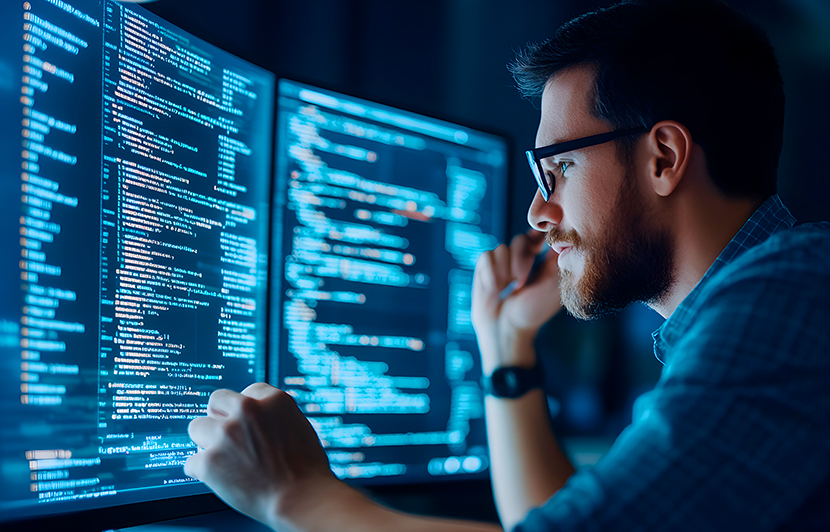 persona programando en varios monitores con líneas de código