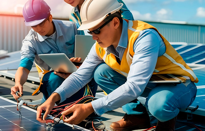 equipo de trabajo realizando mantenimiento en un sistema de energía solar