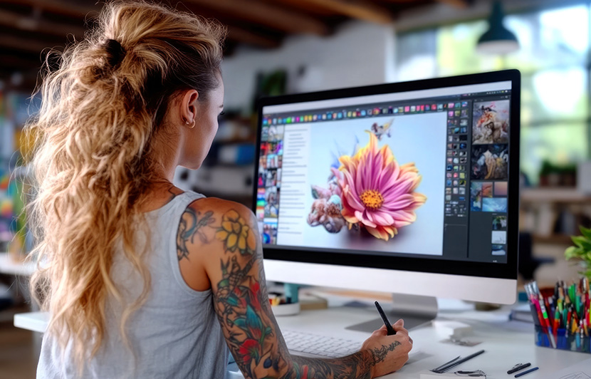 artista digital trabajando con tableta y monitor en la creación de arte floral