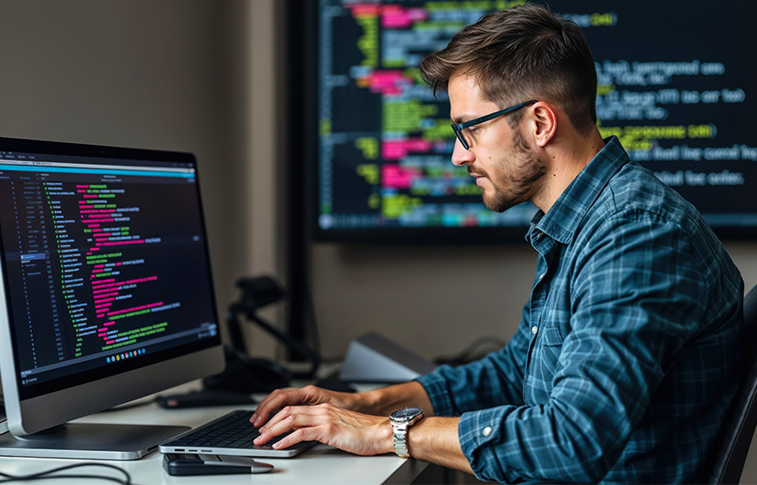 desarrollador trabajando en un proyecto de software con dos monitores