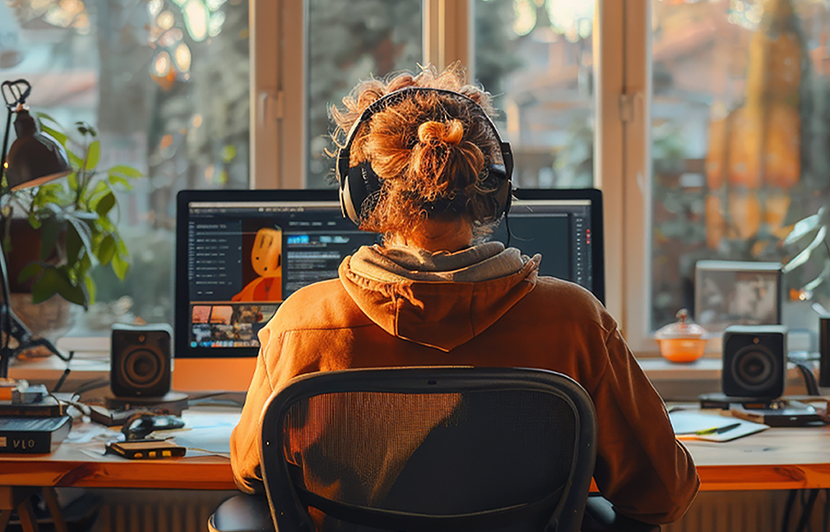 animador usando audífonos mientras trabaja en un computador de escritorio
