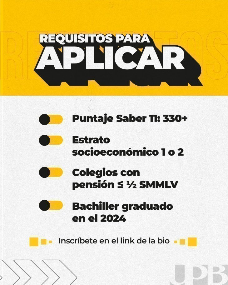 Imagen con los requisitos para aplicar a la Beca Cavipetrol-UPB. Se especifica que los aspirantes deben tener un puntaje Saber 11 de 330 o más, pertenecer a estrato socioeconómico 1 o 2, haber estudiado en colegios con pensión menor o igual a ½ SMMLV