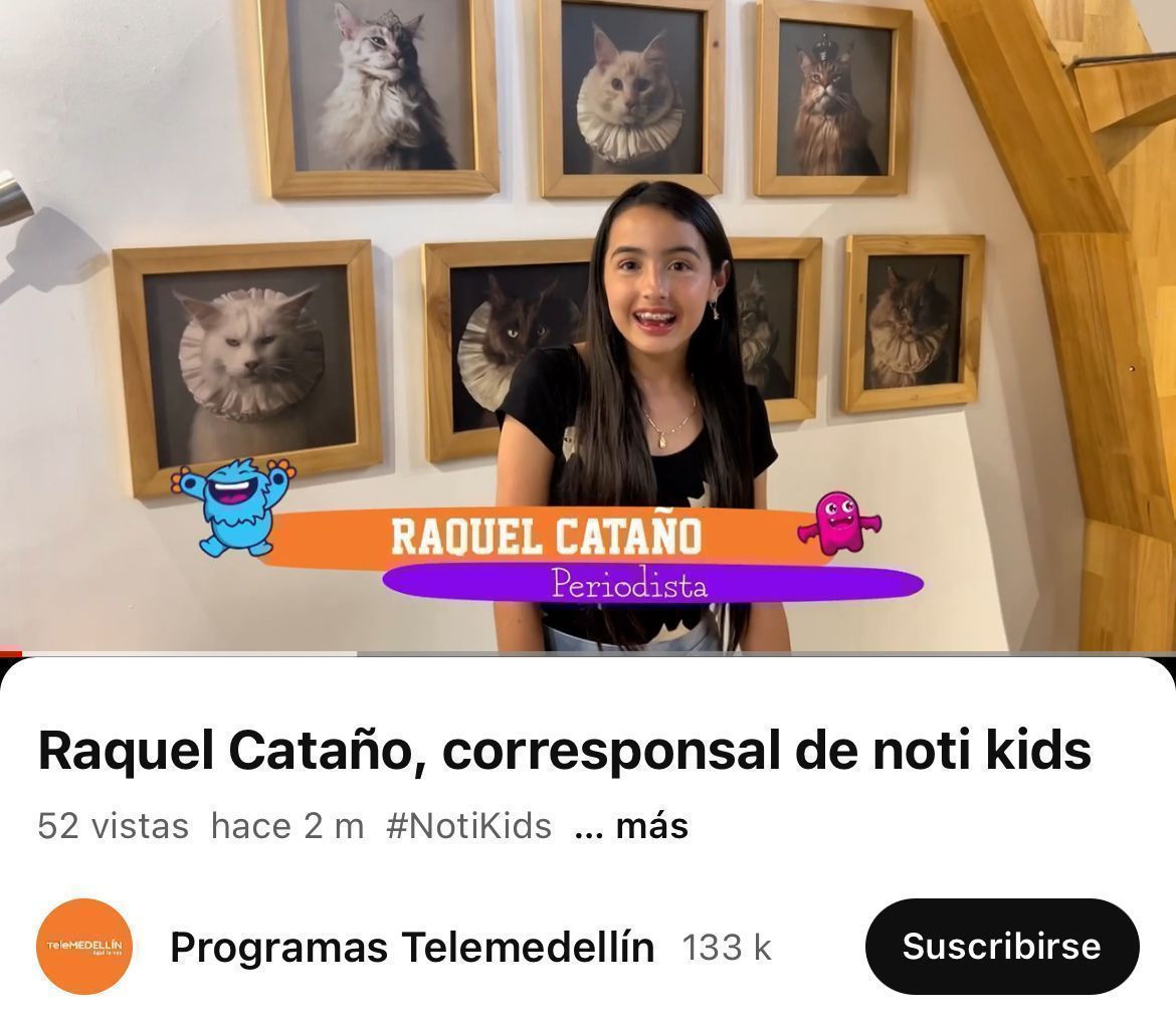 Raquel Cataño Pérez, estudiante de 5°2, tiene 12 años y es corresponsal en Telemedellín en el noticiero infantil Notikids.